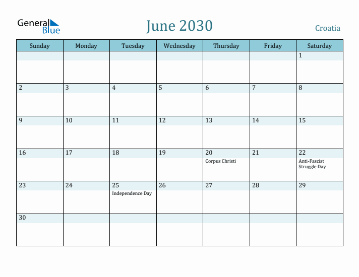 June 2030 Calendar with Holidays