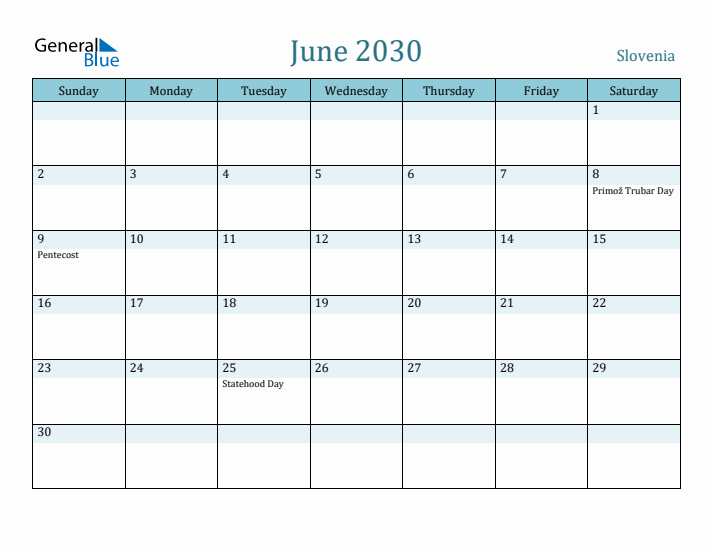 June 2030 Calendar with Holidays