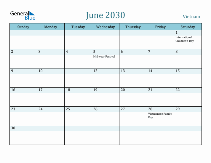 June 2030 Calendar with Holidays