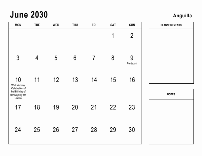 June 2030 Printable Monthly Calendar with Anguilla Holidays