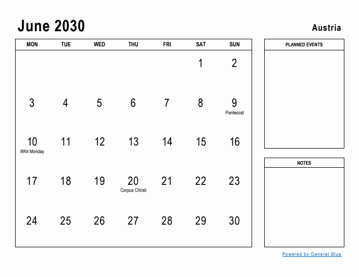 June 2030 Printable Monthly Calendar with Austria Holidays