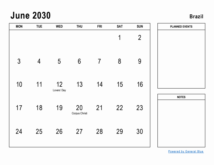 June 2030 Printable Monthly Calendar with Brazil Holidays