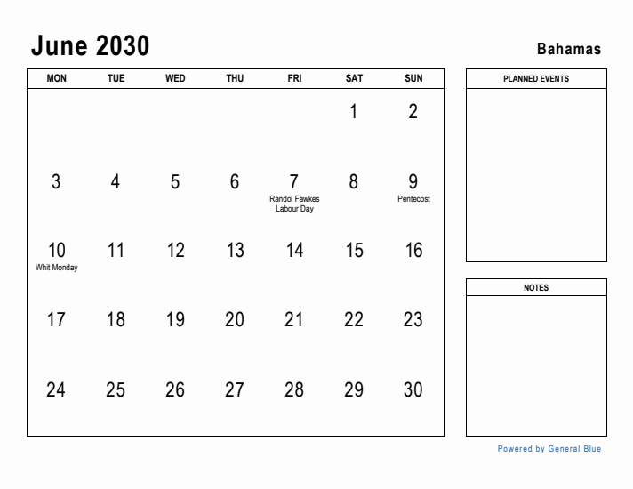 June 2030 Printable Monthly Calendar with Bahamas Holidays