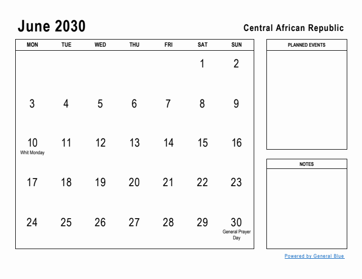 June 2030 Printable Monthly Calendar with Central African Republic Holidays