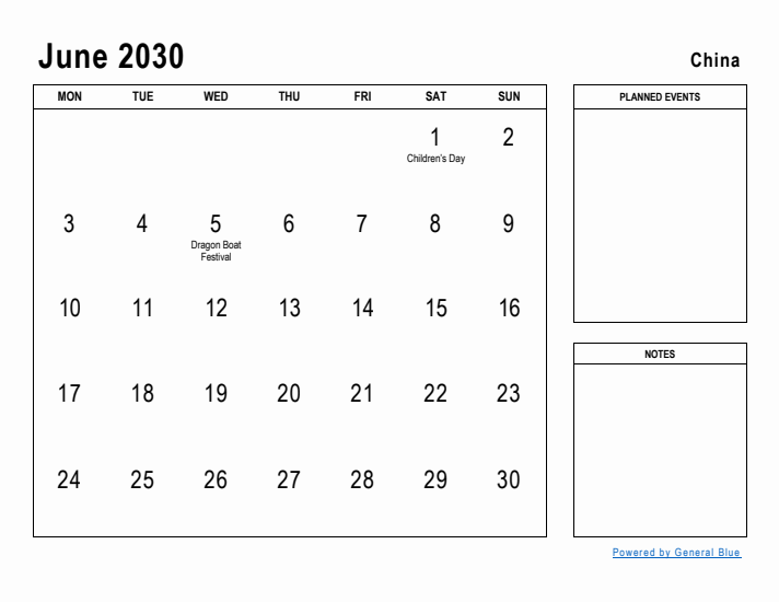 June 2030 Printable Monthly Calendar with China Holidays