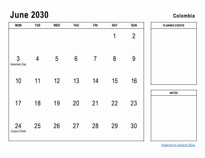 June 2030 Printable Monthly Calendar with Colombia Holidays