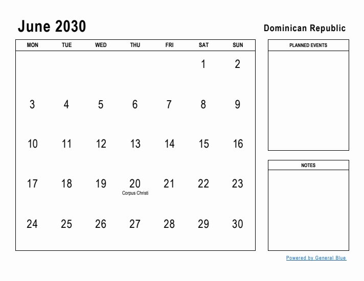 June 2030 Printable Monthly Calendar with Dominican Republic Holidays