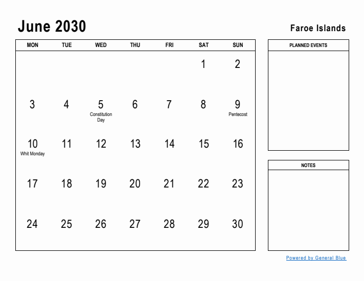 June 2030 Printable Monthly Calendar with Faroe Islands Holidays