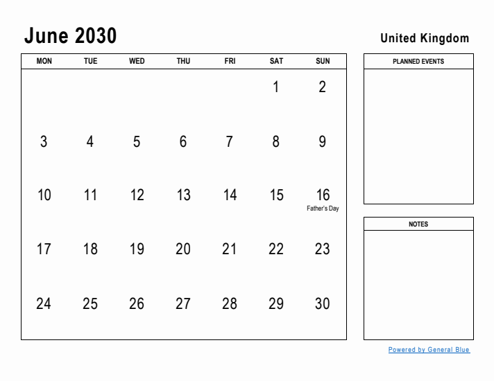 June 2030 Printable Monthly Calendar with United Kingdom Holidays