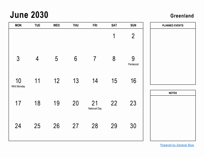 June 2030 Printable Monthly Calendar with Greenland Holidays