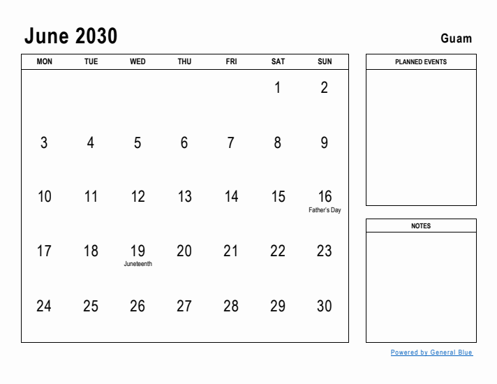 June 2030 Printable Monthly Calendar with Guam Holidays