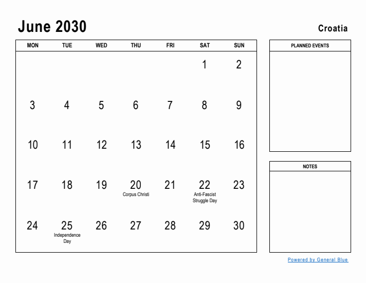 June 2030 Printable Monthly Calendar with Croatia Holidays