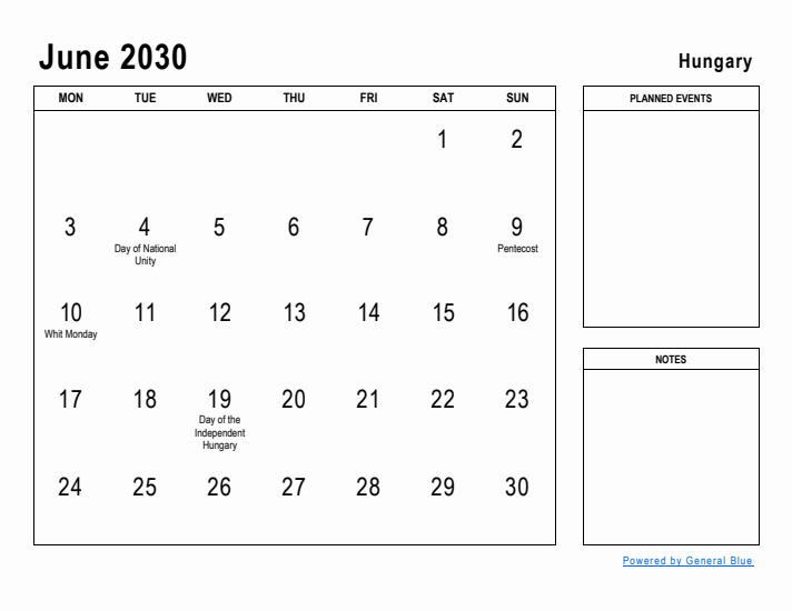 June 2030 Printable Monthly Calendar with Hungary Holidays