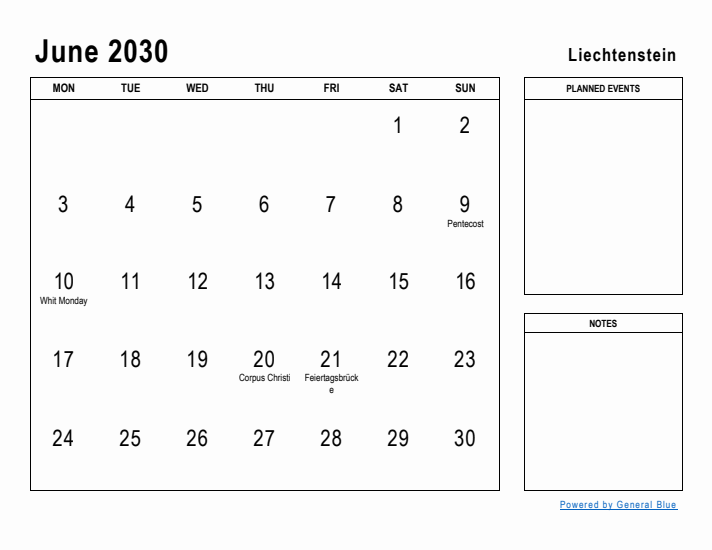 June 2030 Printable Monthly Calendar with Liechtenstein Holidays