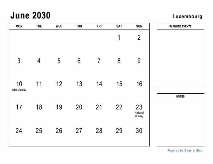 June 2030 Printable Monthly Calendar with Luxembourg Holidays