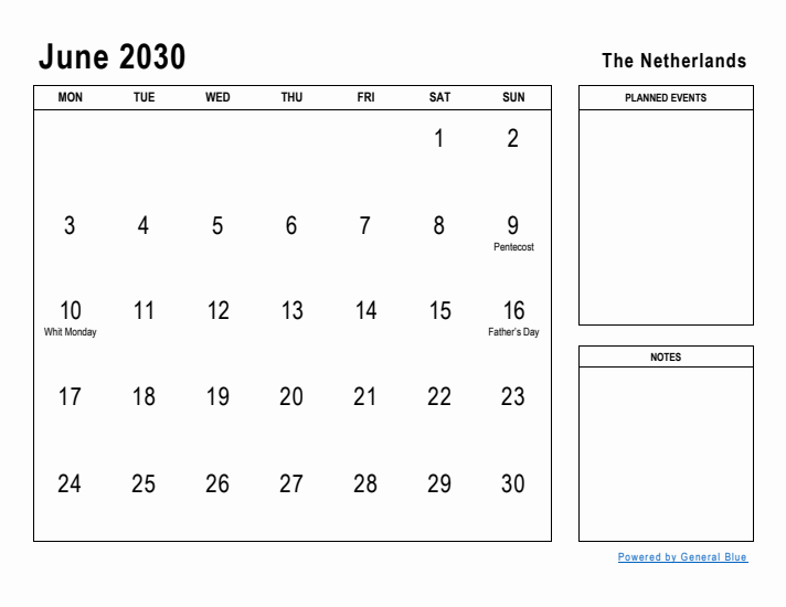 June 2030 Printable Monthly Calendar with The Netherlands Holidays