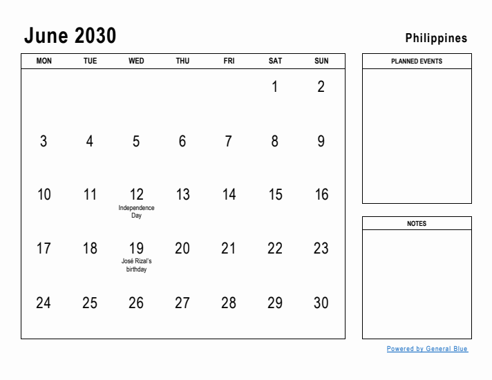 June 2030 Printable Monthly Calendar with Philippines Holidays