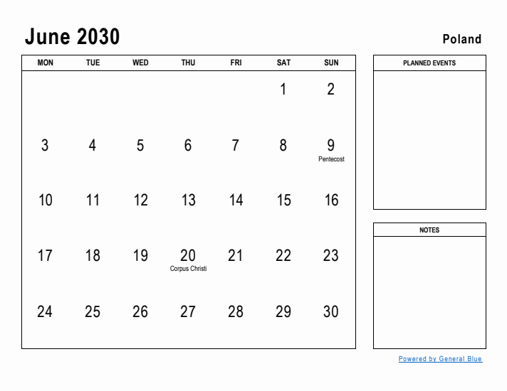 June 2030 Printable Monthly Calendar with Poland Holidays