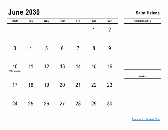 June 2030 Printable Monthly Calendar with Saint Helena Holidays