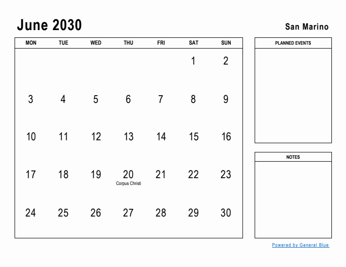 June 2030 Printable Monthly Calendar with San Marino Holidays