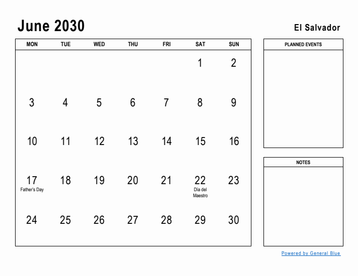 June 2030 Printable Monthly Calendar with El Salvador Holidays