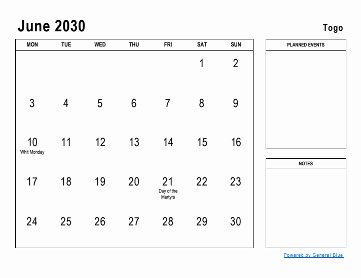 June 2030 Printable Monthly Calendar with Togo Holidays