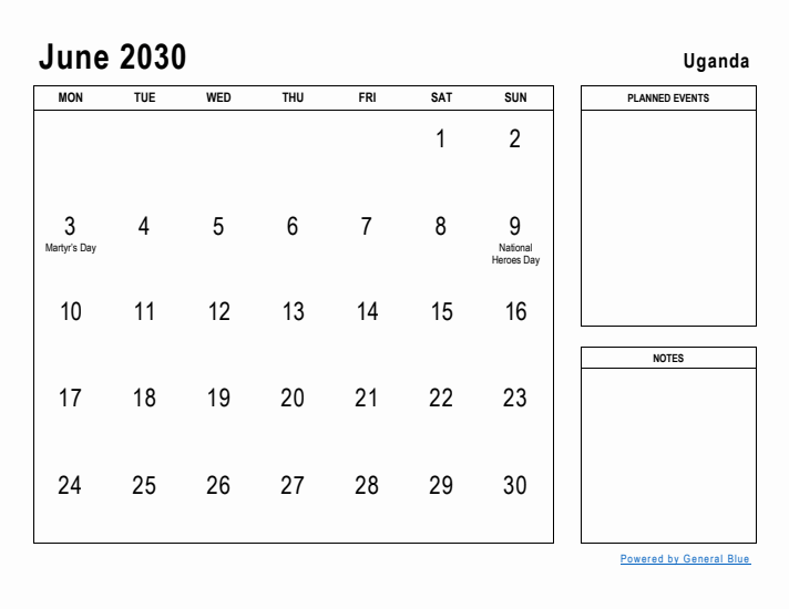 June 2030 Printable Monthly Calendar with Uganda Holidays