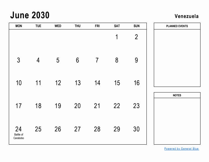 June 2030 Printable Monthly Calendar with Venezuela Holidays