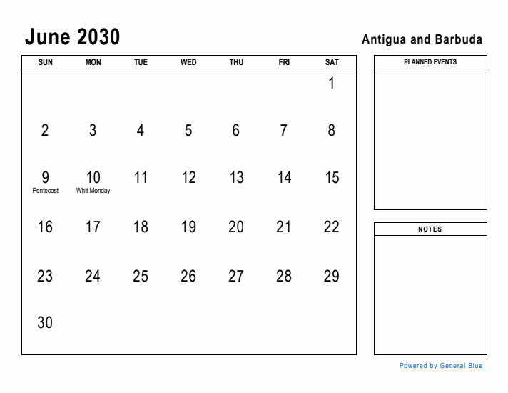 June 2030 Printable Monthly Calendar with Antigua and Barbuda Holidays