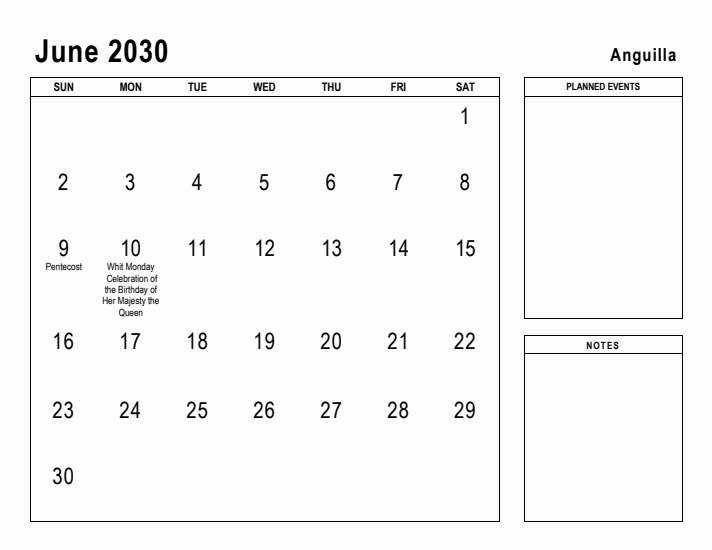 June 2030 Printable Monthly Calendar with Anguilla Holidays