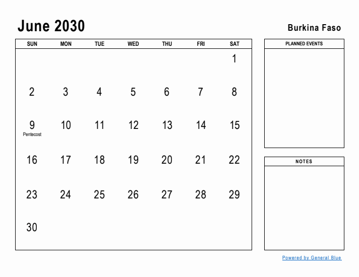 June 2030 Printable Monthly Calendar with Burkina Faso Holidays