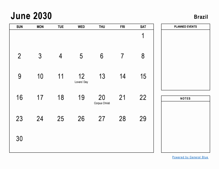 June 2030 Printable Monthly Calendar with Brazil Holidays