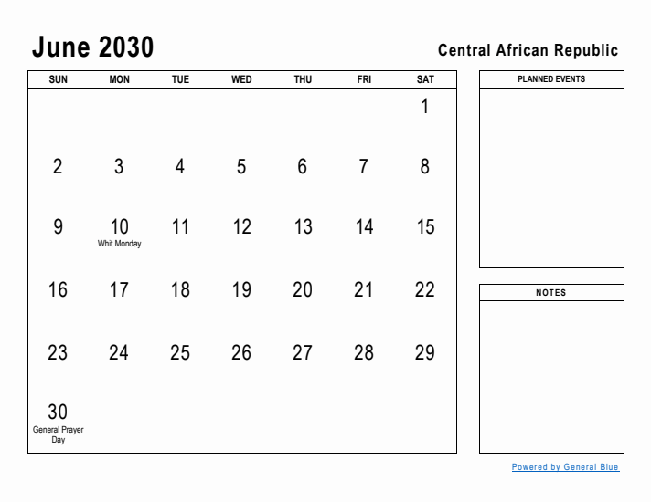 June 2030 Printable Monthly Calendar with Central African Republic Holidays