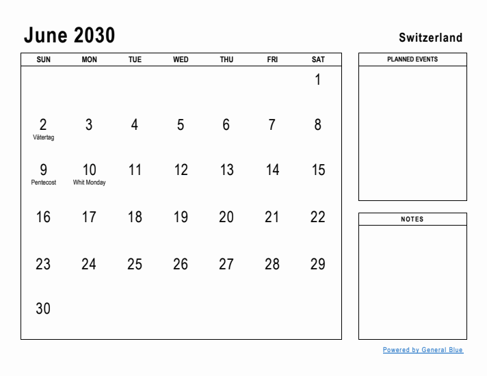 June 2030 Printable Monthly Calendar with Switzerland Holidays