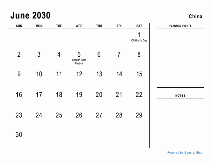 June 2030 Printable Monthly Calendar with China Holidays