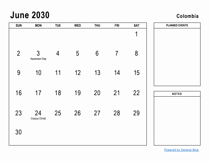 June 2030 Printable Monthly Calendar with Colombia Holidays