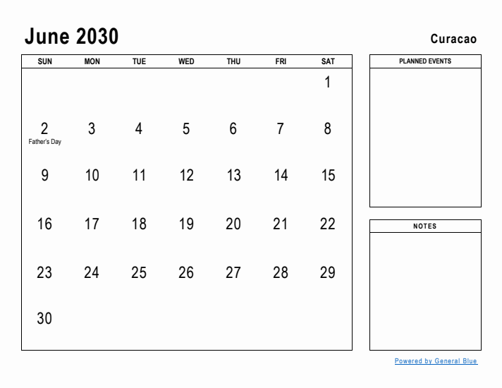June 2030 Printable Monthly Calendar with Curacao Holidays