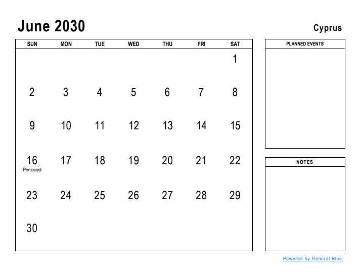 June 2030 Printable Monthly Calendar with Cyprus Holidays