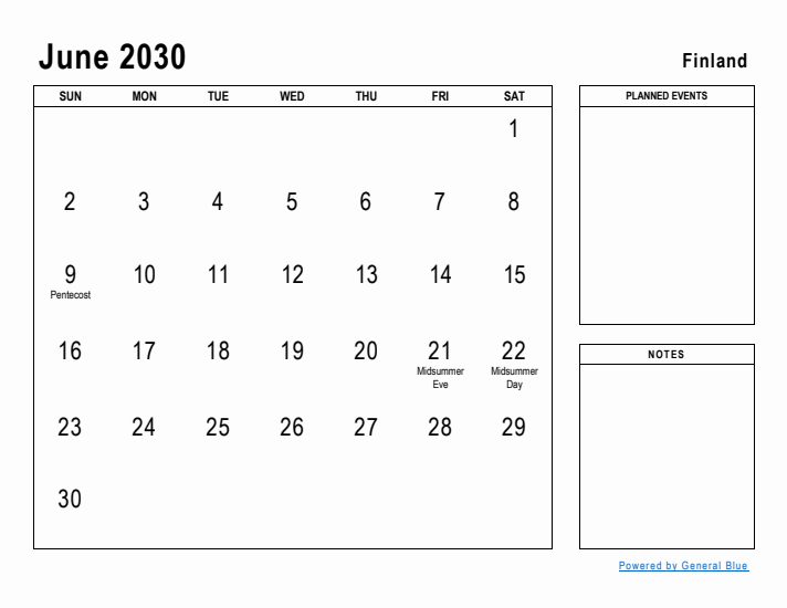 June 2030 Printable Monthly Calendar with Finland Holidays