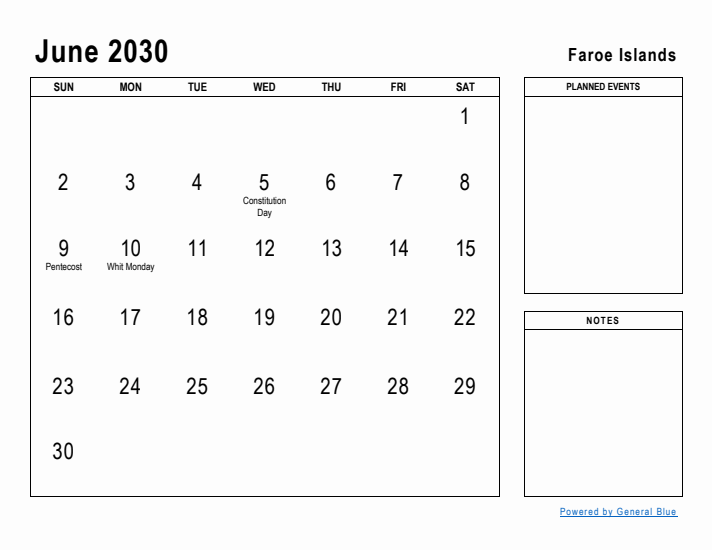 June 2030 Printable Monthly Calendar with Faroe Islands Holidays