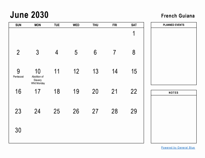 June 2030 Printable Monthly Calendar with French Guiana Holidays