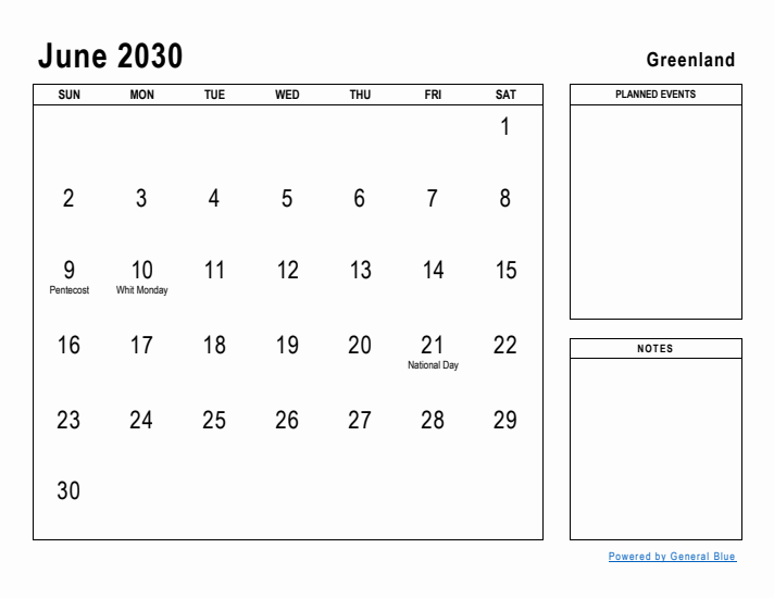 June 2030 Printable Monthly Calendar with Greenland Holidays