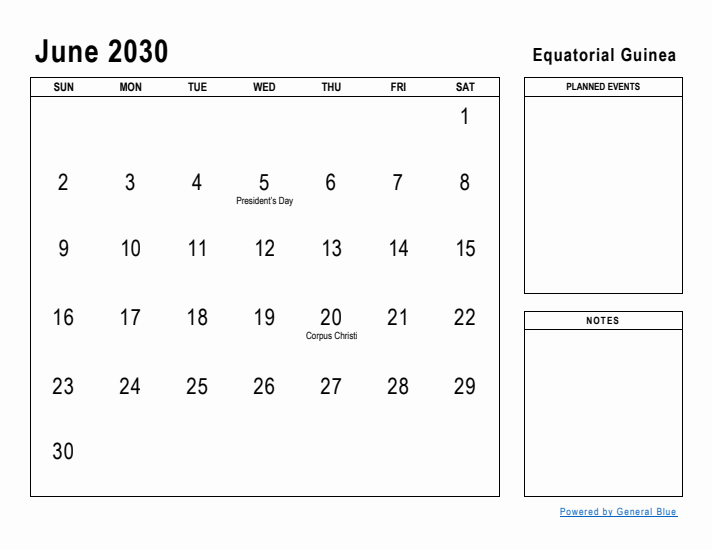 June 2030 Printable Monthly Calendar with Equatorial Guinea Holidays