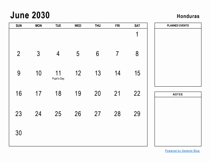 June 2030 Printable Monthly Calendar with Honduras Holidays