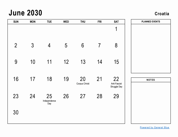 June 2030 Printable Monthly Calendar with Croatia Holidays