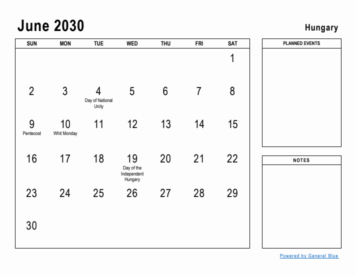 June 2030 Printable Monthly Calendar with Hungary Holidays