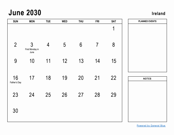 June 2030 Printable Monthly Calendar with Ireland Holidays