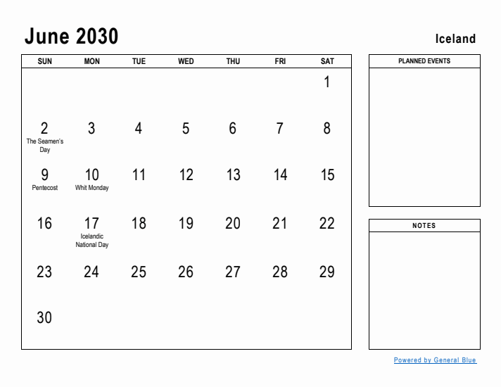 June 2030 Printable Monthly Calendar with Iceland Holidays