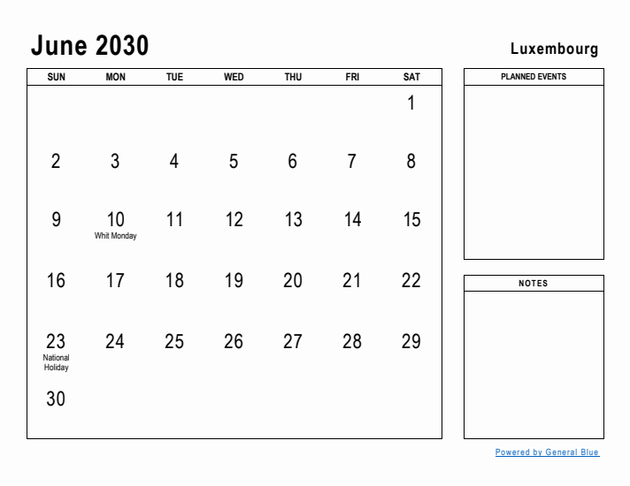 June 2030 Printable Monthly Calendar with Luxembourg Holidays