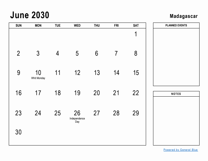 June 2030 Printable Monthly Calendar with Madagascar Holidays